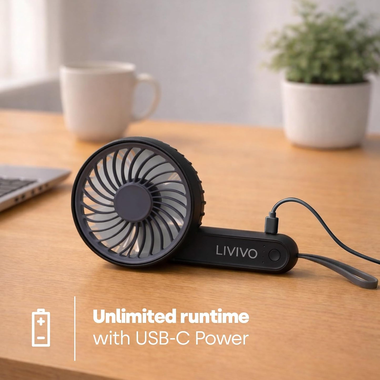 Portable Handheld Fan - USB-C Rechargeable Personal Fan with 3 Speed Settings - 1200Mah Battery Mini Hand Fan, Foldable Hanging & Desk Fan with Lanyard – Mini Fan for Travel, Home, Work - Black