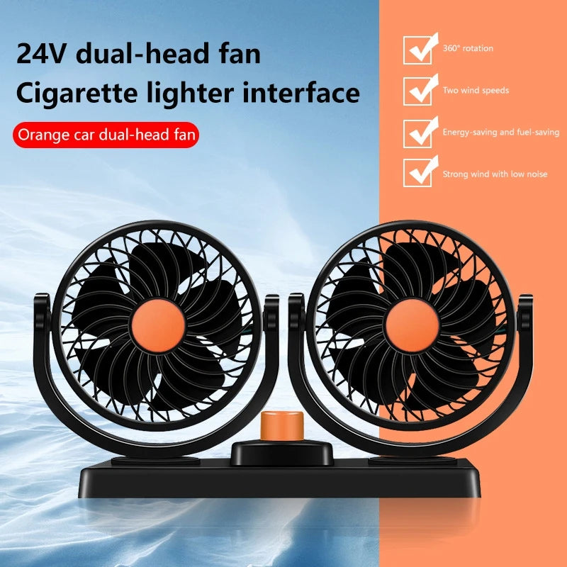 Car Fan 360° Adjustable 2 Head Air Fan Automotive Electric Fan USB/12V/24V 2 Speeds Car Silent Fan for Home Desk