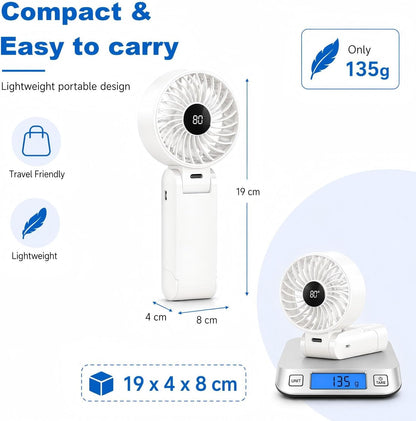 Handheld Fan Portable, Handheld Fan Desk Fan Neck Fan 3 in 1, USB Hand Fan Rechargeable with 5 Levels Wind, 6-12H Cooling, LED Display and Foldable Design, Quiet for Office, Travel, Outdoor