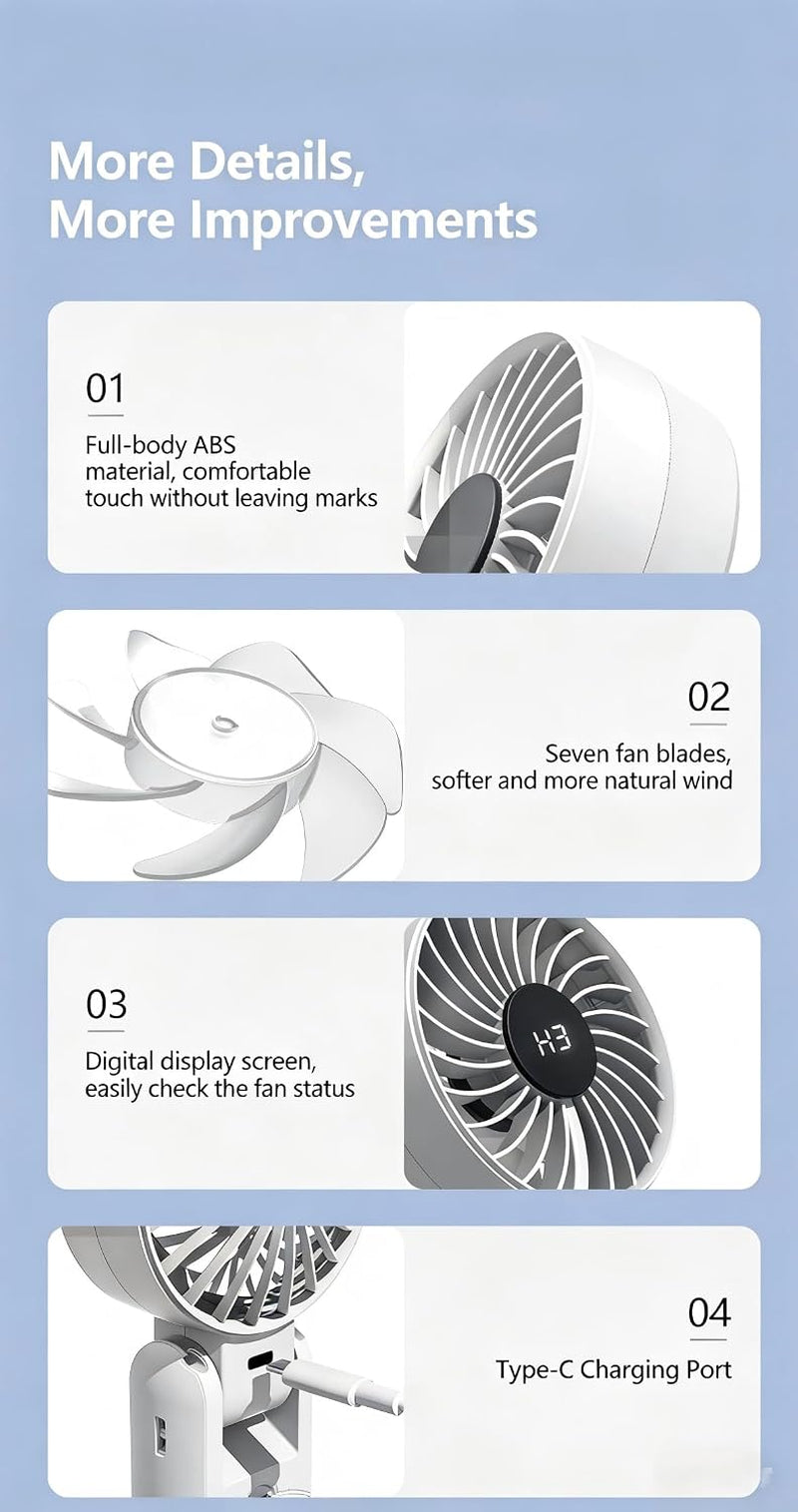 Handheld Fan Portable, Handheld Fan Desk Fan Neck Fan 3 in 1, USB Hand Fan Rechargeable with 5 Levels Wind, 6-12H Cooling, LED Display and Foldable Design, Quiet for Office, Travel, Outdoor