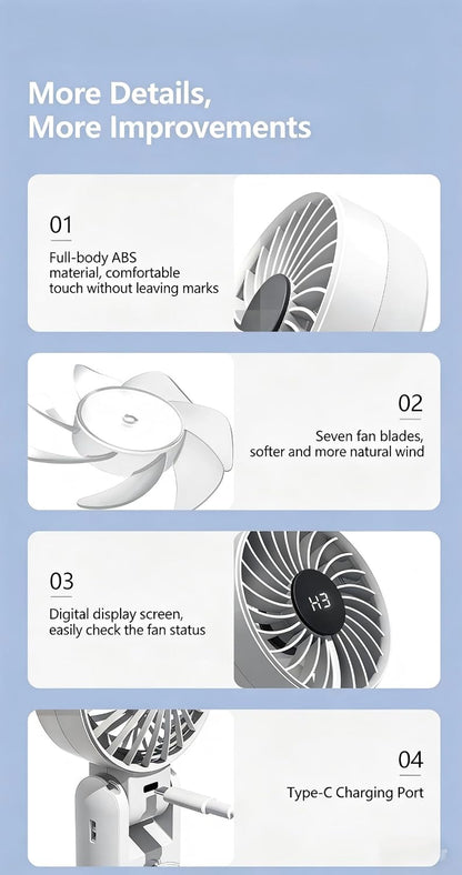 Handheld Fan Portable, Handheld Fan Desk Fan Neck Fan 3 in 1, USB Hand Fan Rechargeable with 5 Levels Wind, 6-12H Cooling, LED Display and Foldable Design, Quiet for Office, Travel, Outdoor