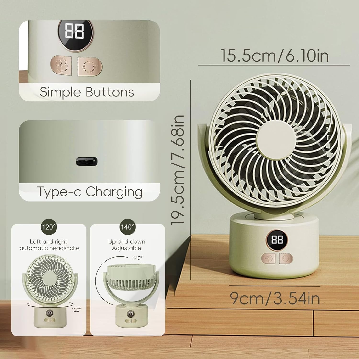 Desk Fan Portable Rechargeable with USB Small Fans for Bedroom,Oscillating Cooling Slient Table Fan Long Time Work,Personal Quiet Oscillating Super Power Turbo Fan (Green)