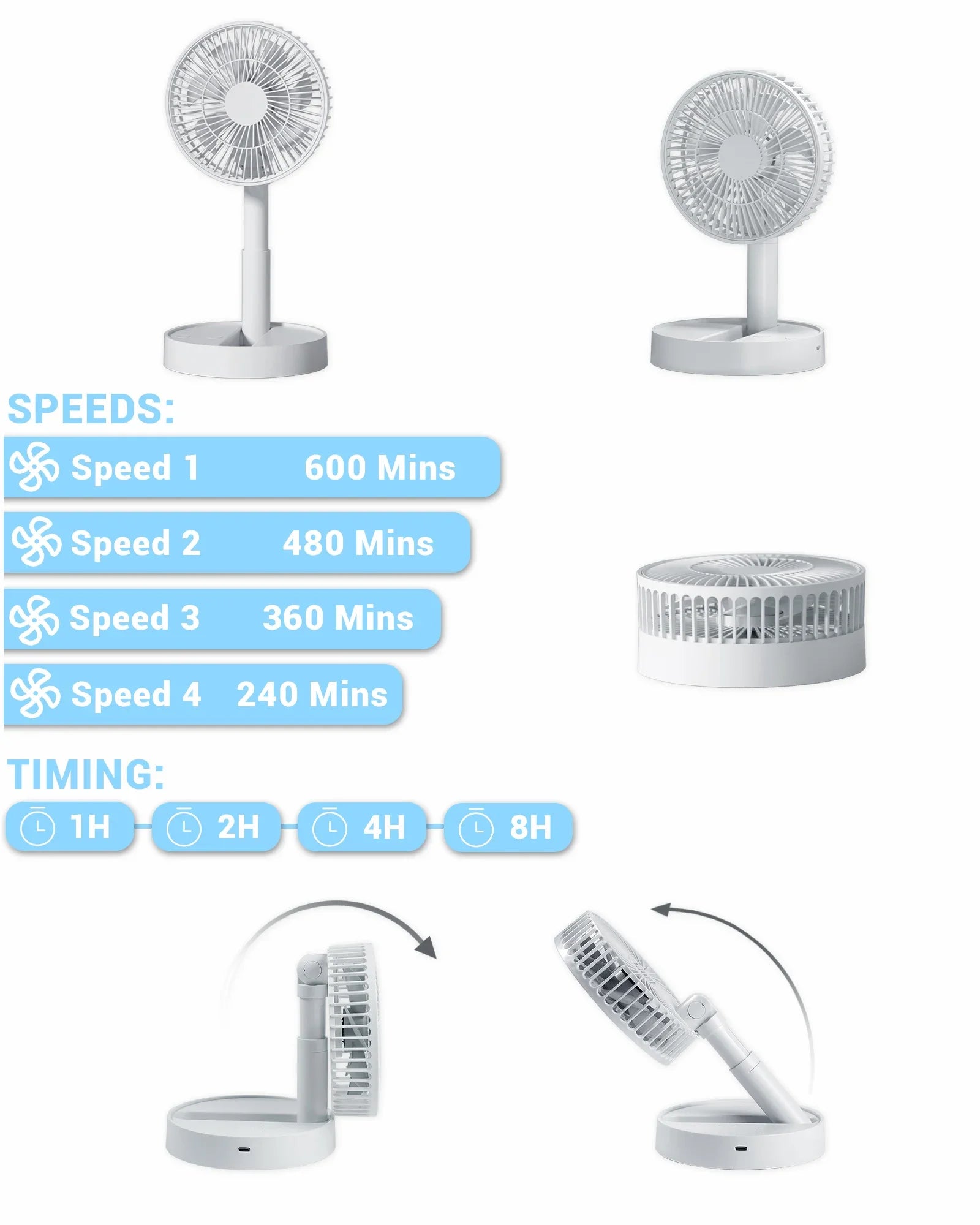 USB Foldable Fan with 4 Speeds ＆ Timing,Battery Operated Mini Fan for Bedroom, Indoor or Outdoor,Table Fan Neck Fan Phone Fan