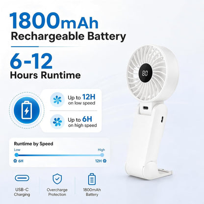 Handheld Fan Portable, Handheld Fan Desk Fan Neck Fan 3 in 1, USB Hand Fan Rechargeable with 5 Levels Wind, 6-12H Cooling, LED Display and Foldable Design, Quiet for Office, Travel, Outdoor
