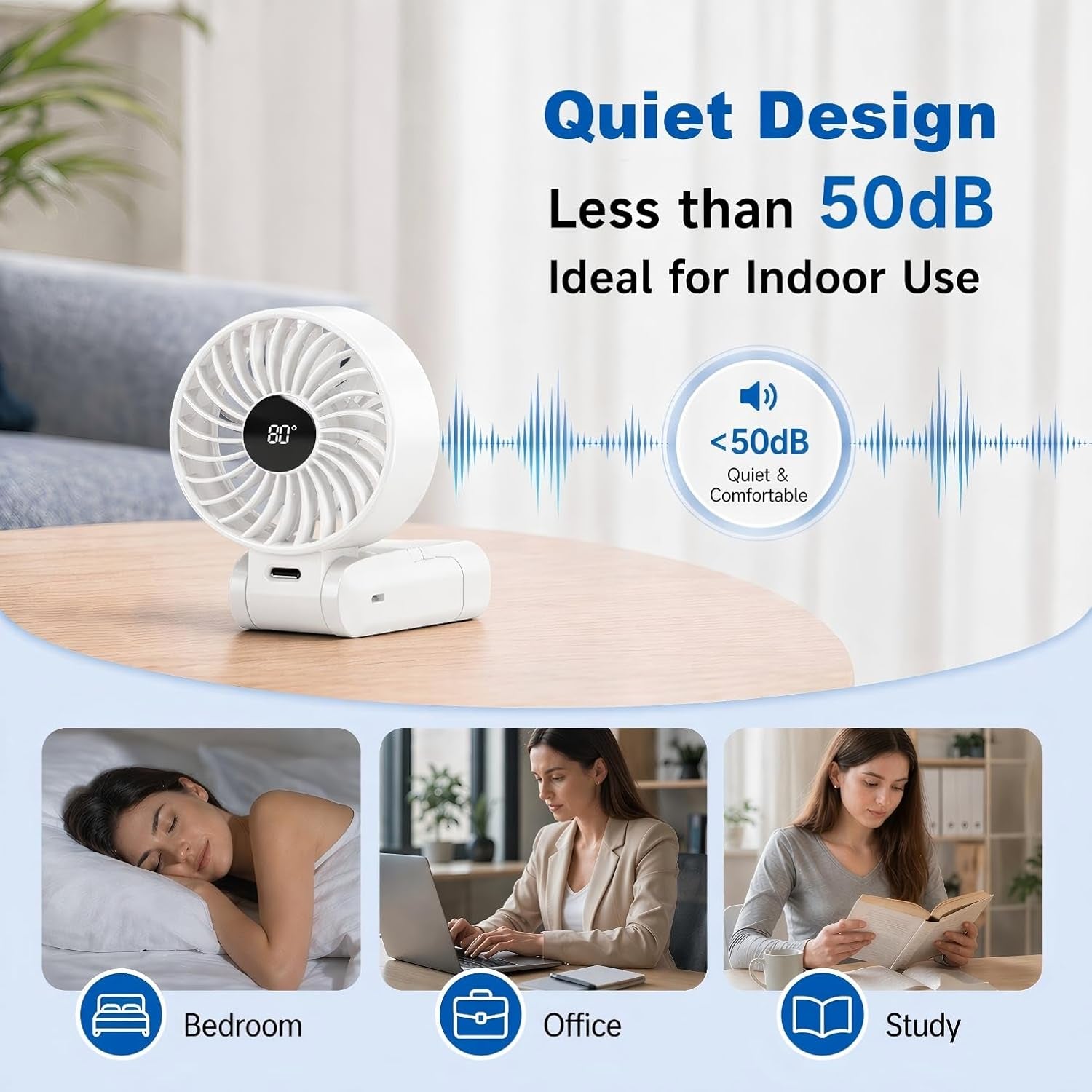 Handheld Fan Portable, Handheld Fan Desk Fan Neck Fan 3 in 1, USB Hand Fan Rechargeable with 5 Levels Wind, 6-12H Cooling, LED Display and Foldable Design, Quiet for Office, Travel, Outdoor