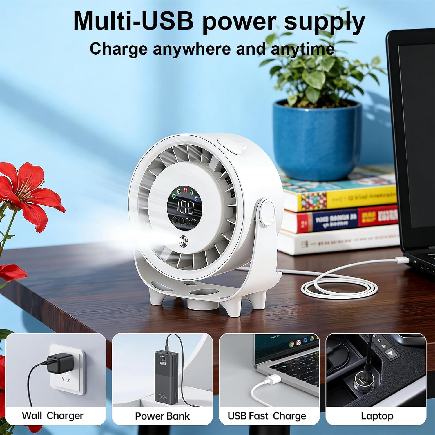 Portable Misting Fan,Mini Air Conditioner Rechargeable Water Cooling Mist Fan Mini Portable Fan,Usb Desk Fan Table Quiet 3 Speed Standing Fan Desktop Circulating Fan for Bedroom Home,White