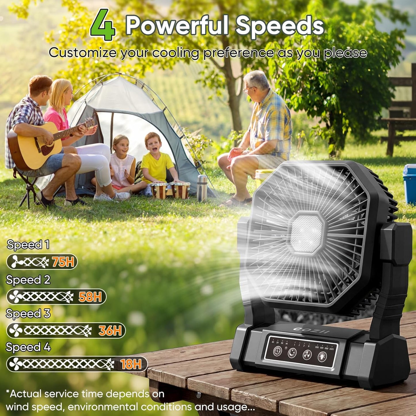 20000Mah Desk Fan Camping Fan, Portable Fan Rechargeable 4 Speeds with LED Light, Hanging Hook, Remote Control and Timer, Outdoor Battery Powered Fan for Camping Travel Office