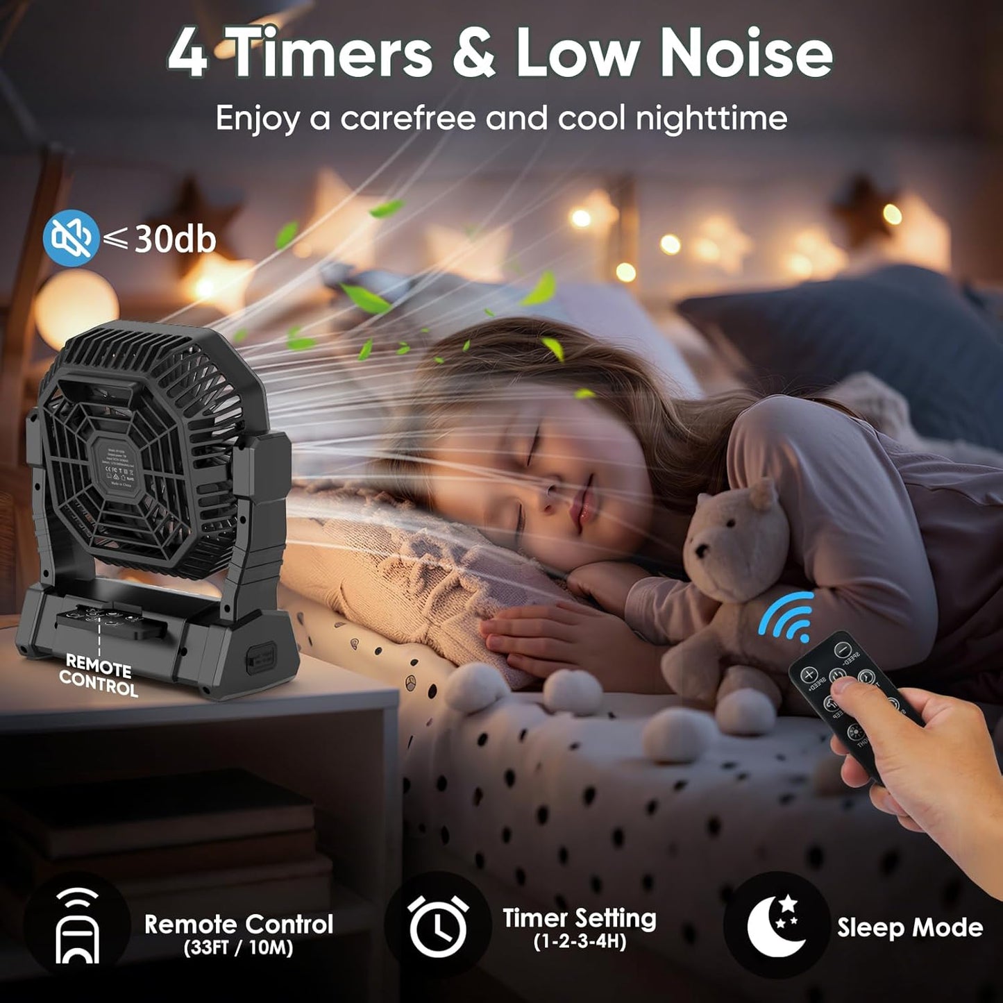 20000Mah Desk Fan Camping Fan, Portable Fan Rechargeable 4 Speeds with LED Light, Hanging Hook, Remote Control and Timer, Outdoor Battery Powered Fan for Camping Travel Office