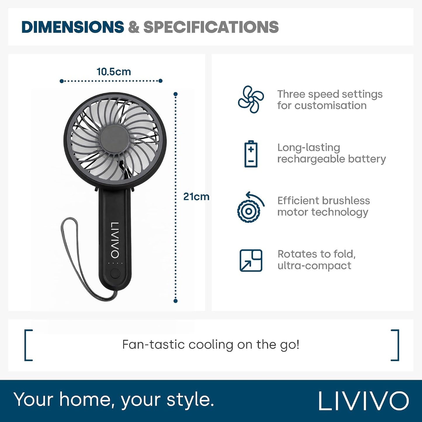 Portable Handheld Fan - USB-C Rechargeable Personal Fan with 3 Speed Settings - 1200Mah Battery Mini Hand Fan, Foldable Hanging & Desk Fan with Lanyard – Mini Fan for Travel, Home, Work - Black