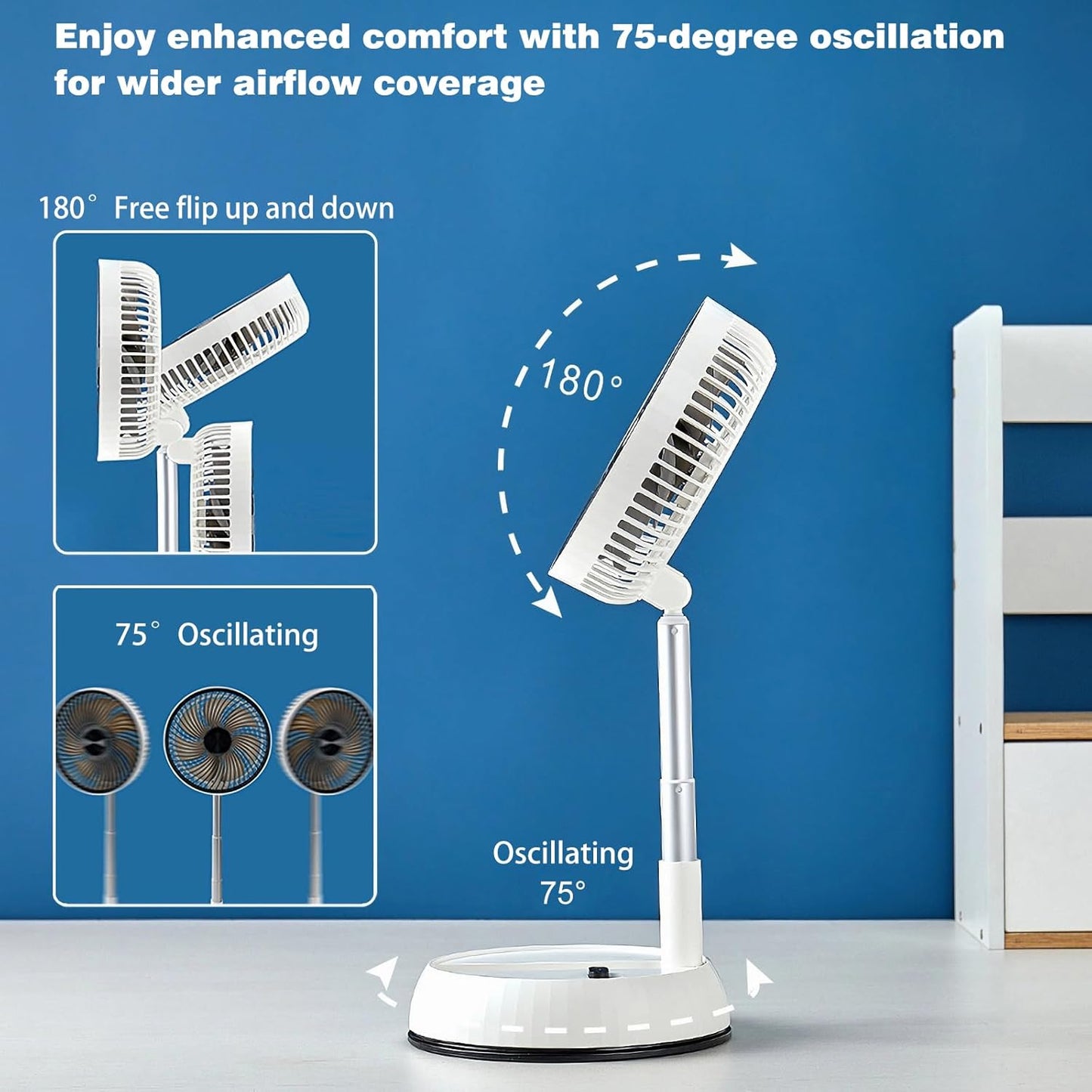 Portable Oscillating Pedestal Fan, 8 Inch Foldable Standing Fan,10000Mah Rechargeable Battery USB Table Fan, Height Adjustable, 4 Speeds, Quiet, with Remote Control, Home Office Travel