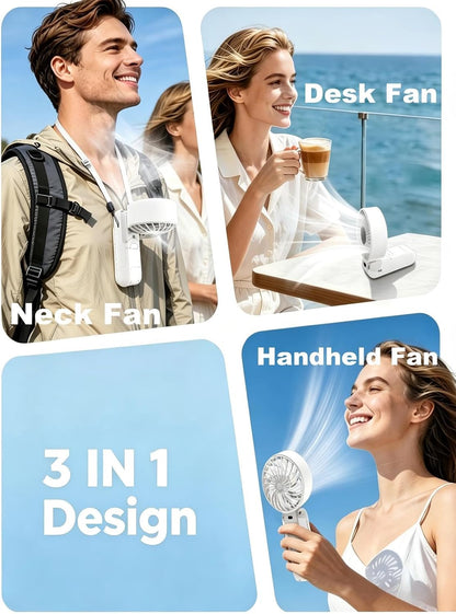 Handheld Fan Portable, Handheld Fan Desk Fan Neck Fan 3 in 1, USB Hand Fan Rechargeable with 5 Levels Wind, 6-12H Cooling, LED Display and Foldable Design, Quiet for Office, Travel, Outdoor