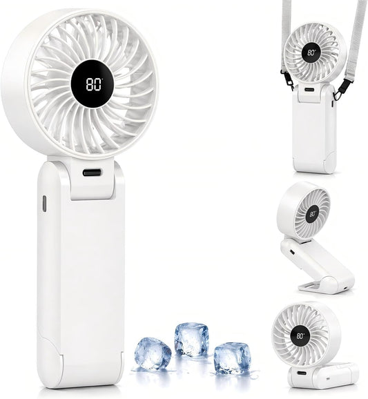 Handheld Fan Portable, Handheld Fan Desk Fan Neck Fan 3 in 1, USB Hand Fan Rechargeable with 5 Levels Wind, 6-12H Cooling, LED Display and Foldable Design, Quiet for Office, Travel, Outdoor