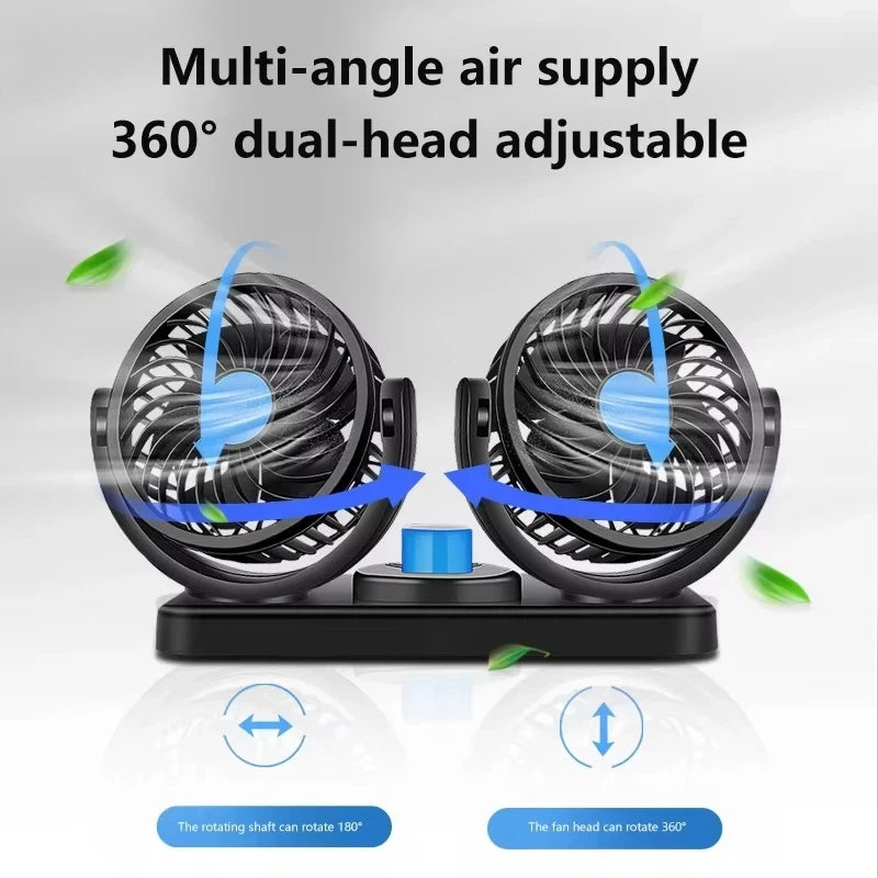 Car Fan 360° Adjustable 2 Head Air Fan Automotive Electric Fan USB/12V/24V 2 Speeds Car Silent Fan for Home Desk
