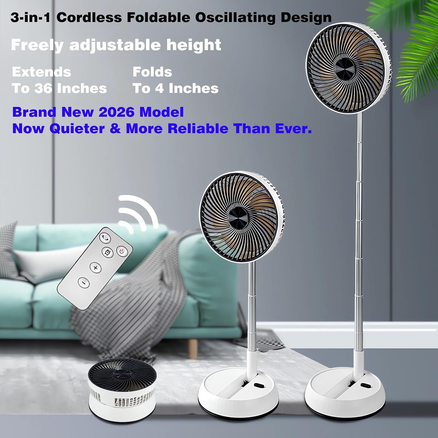 Portable Oscillating Pedestal Fan, 8 Inch Foldable Standing Fan,10000Mah Rechargeable Battery USB Table Fan, Height Adjustable, 4 Speeds, Quiet, with Remote Control, Home Office Travel