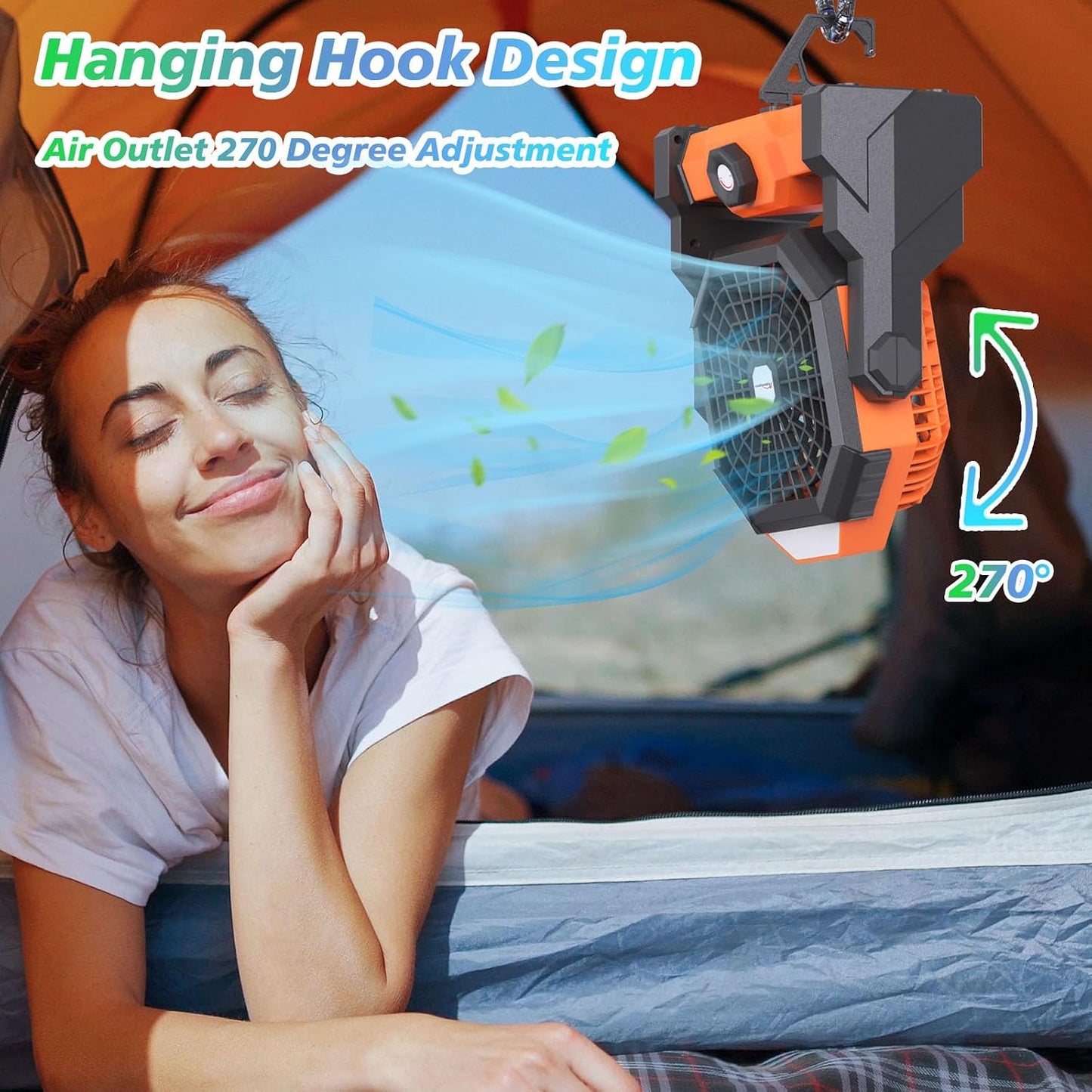 Camping Fan Rechargeable, 10400Mah Portable Fan with LED Lantern, USB Battery Operated Tent Fan for Camping with Hook, 270° Rotation Personal Fan for Outdoor Picnic BBQ Travel