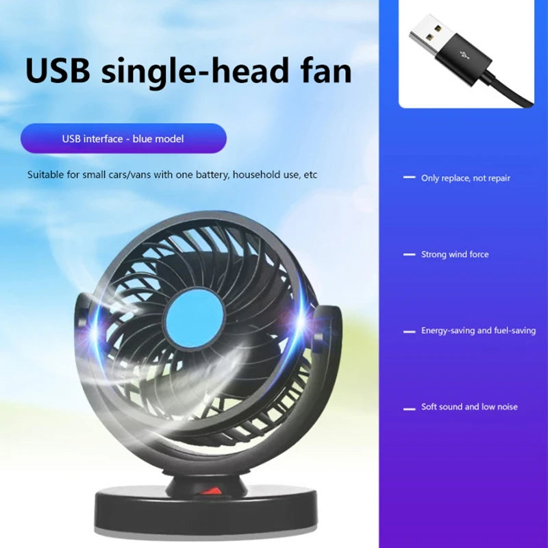 Car Fan 360° Adjustable 2 Head Air Fan Automotive Electric Fan USB/12V/24V 2 Speeds Car Silent Fan for Home Desk