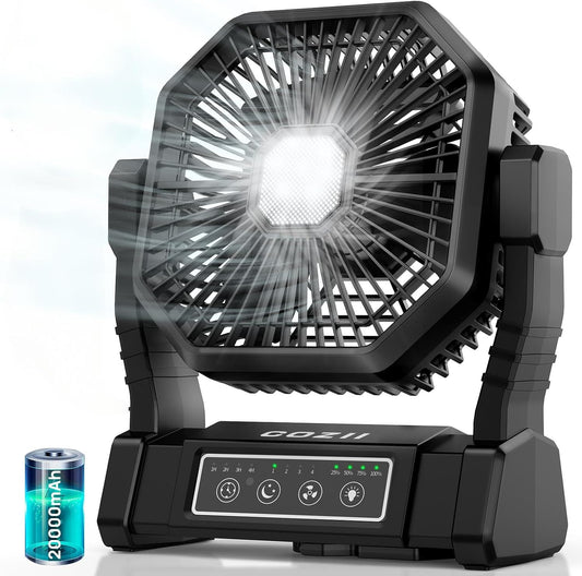 20000Mah Desk Fan Camping Fan, Portable Fan Rechargeable 4 Speeds with LED Light, Hanging Hook, Remote Control and Timer, Outdoor Battery Powered Fan for Camping Travel Office