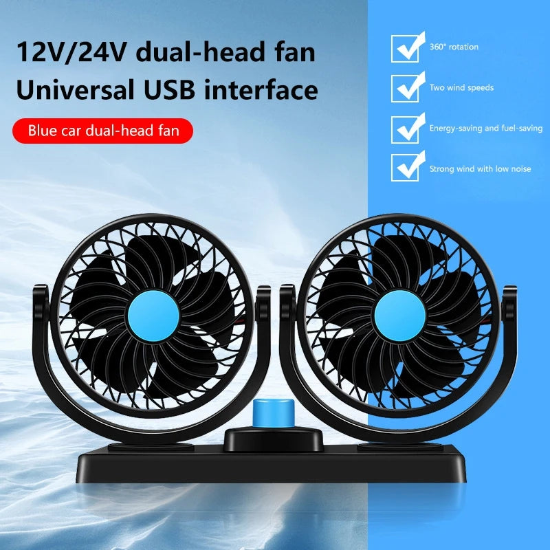 Car Fan 360° Adjustable 2 Head Air Fan Automotive Electric Fan USB/12V/24V 2 Speeds Car Silent Fan for Home Desk