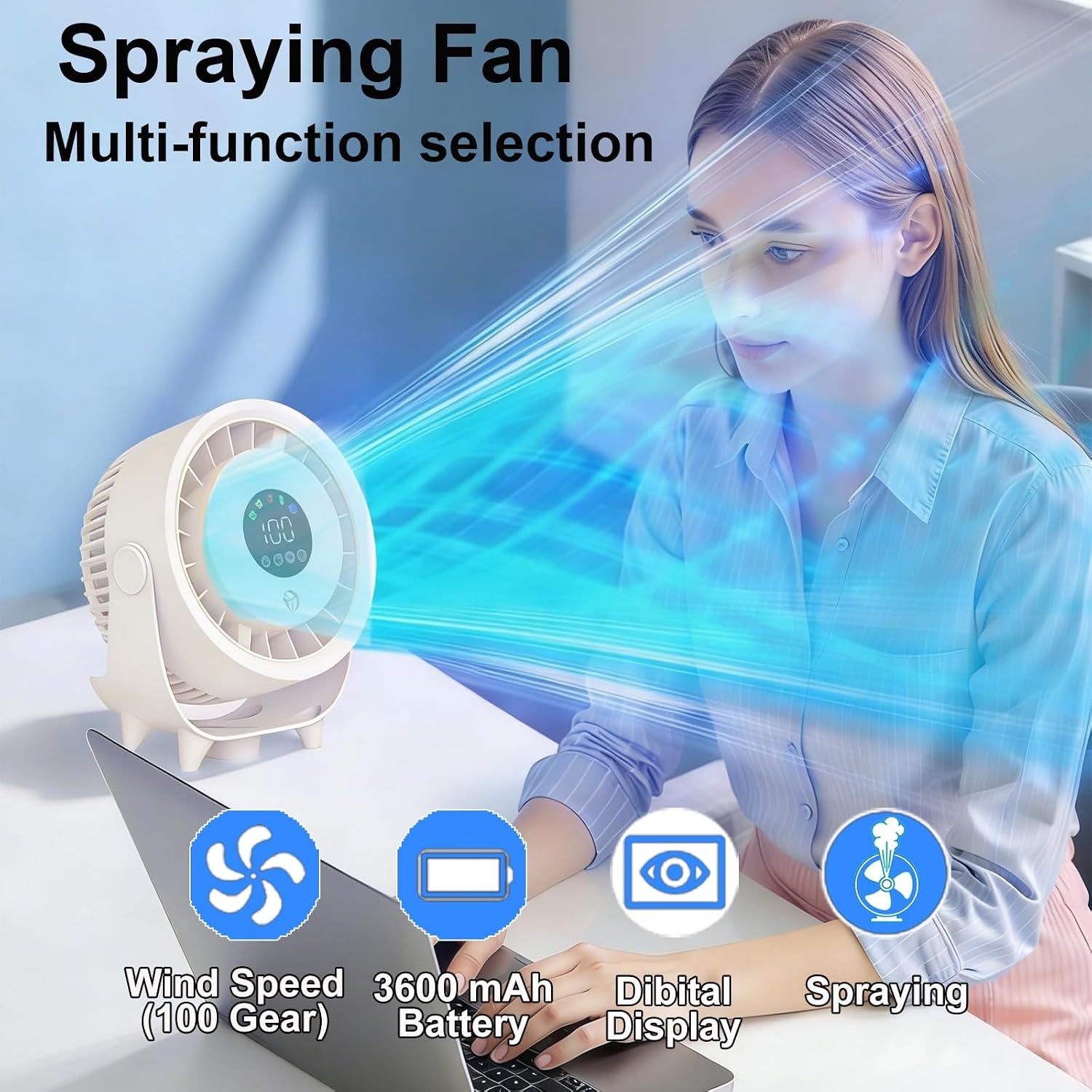 Portable Misting Fan,Mini Air Conditioner Rechargeable Water Cooling Mist Fan Mini Portable Fan,Usb Desk Fan Table Quiet 3 Speed Standing Fan Desktop Circulating Fan for Bedroom Home,White