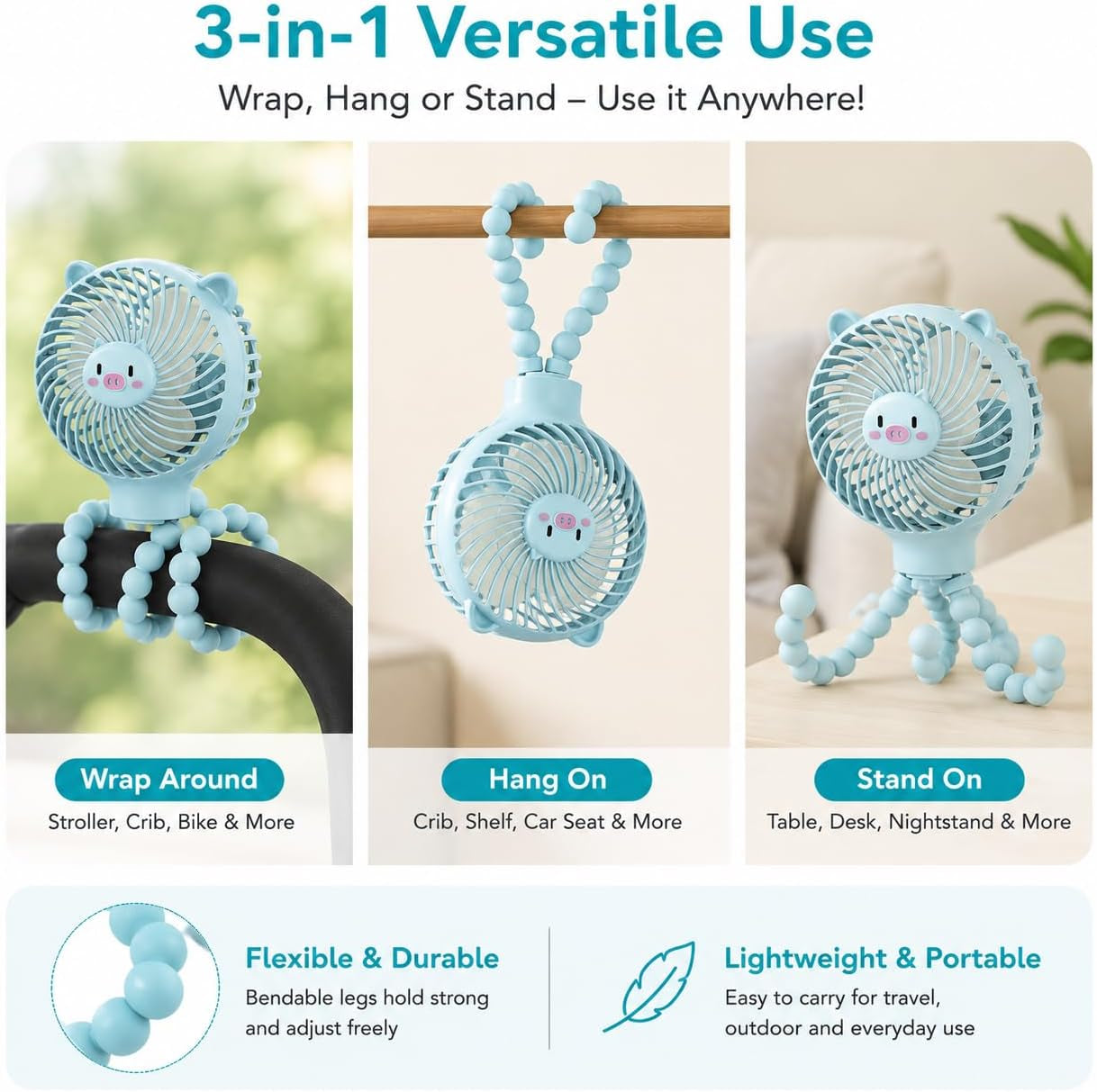Flexible Stroller Fan Tripod Clip on Pram Fan with 3 Speeds Handheld Personal Desk Fan for Car Seat Bike Treadmill Crib Bed
