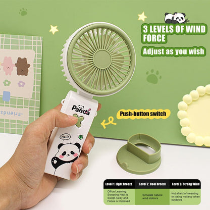Handheld Fan Cartoon,Hand Held Folding Mini Fan USB Rechargeable Personal Cooling Fan with Base, 3 Speeds Adjustable Small Fan for Summer, Outdoor, Travel, Office, Kids, Ideal Summer Gift