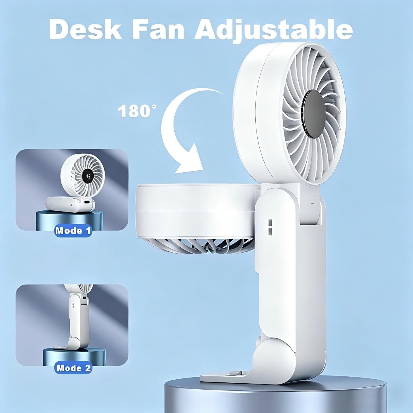 Handheld Fan Portable, Handheld Fan Desk Fan Neck Fan 3 in 1, USB Hand Fan Rechargeable with 5 Levels Wind, 6-12H Cooling, LED Display and Foldable Design, Quiet for Office, Travel, Outdoor