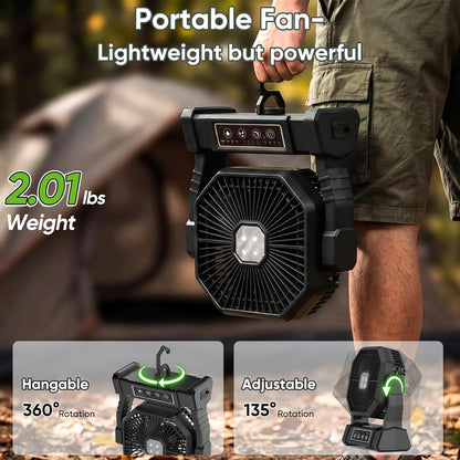 20000Mah Desk Fan Camping Fan, Portable Fan Rechargeable 4 Speeds with LED Light, Hanging Hook, Remote Control and Timer, Outdoor Battery Powered Fan for Camping Travel Office