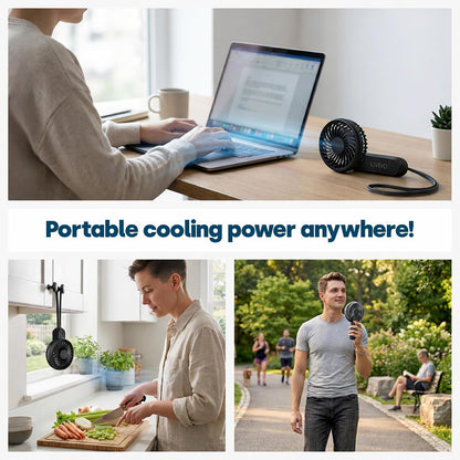 Portable Handheld Fan - USB-C Rechargeable Personal Fan with 3 Speed Settings - 1200Mah Battery Mini Hand Fan, Foldable Hanging & Desk Fan with Lanyard – Mini Fan for Travel, Home, Work - Black